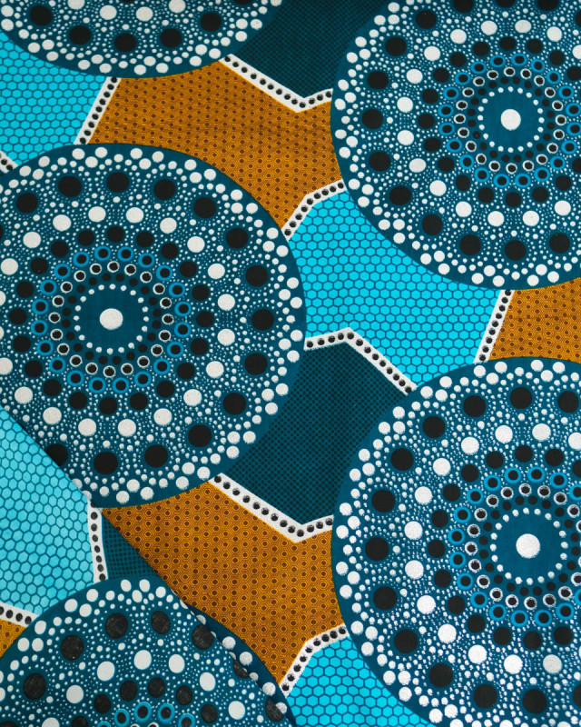 Tissu Coton Inspiration Wax Baobab Turquoise Argent - Mercerine