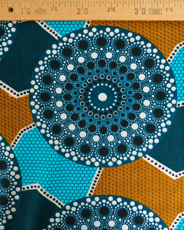 Tissu Coton Inspiration Wax Baobab Turquoise Argent - Mercerine