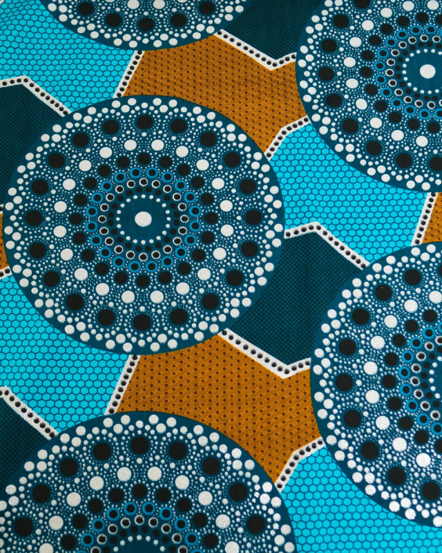 Tissu Coton Inspiration Wax Baobab Turquoise Argent - Mercerine