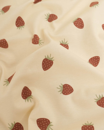 Jersey de Coton Sable Motif Fraise - Mercerine
