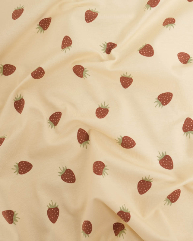 Jersey de Coton Sable Motif Fraise - Mercerine