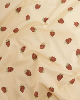 Jersey de Coton Sable Motif Fraise - Mercerine