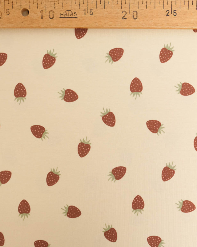 Jersey de Coton Sable Motif Fraise - Mercerine