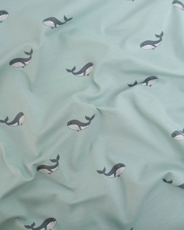 Jersey de Coton Bleu Bébé Motif Baleine - Mercerine