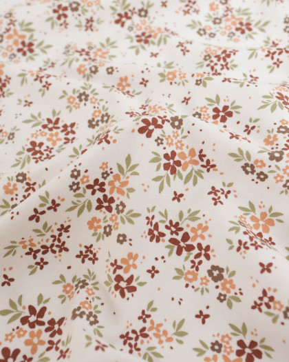 Jersey de Coton Ecru Motif Fleuri Terracotta - Mercerine