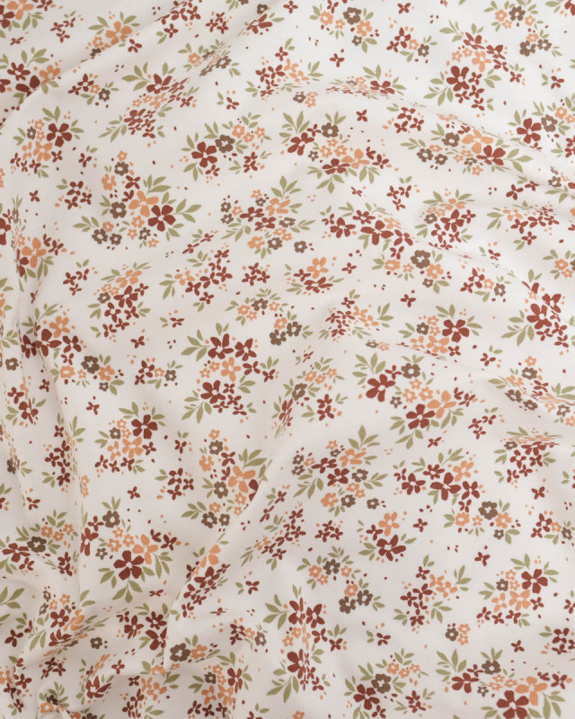 Jersey de Coton Ecru Motif Fleuri Terracotta - Mercerine