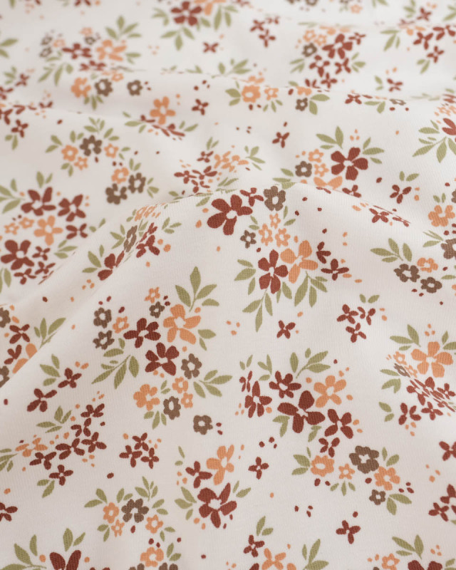 Jersey de Coton Ecru Motif Fleuri Terracotta - Mercerine