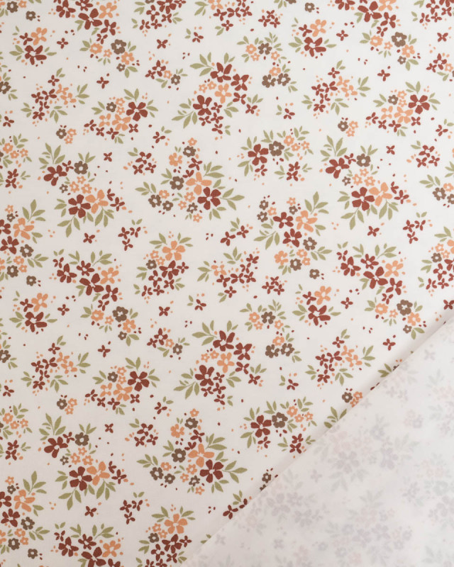 Jersey de Coton Ecru Motif Fleuri Terracotta - Mercerine