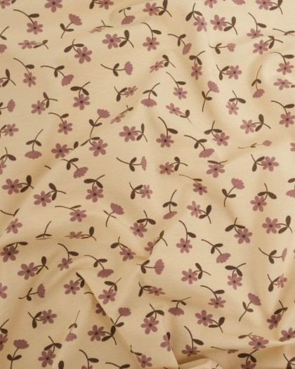 Jersey de Coton Beige Petites Fleurs Mauve - Mercerine