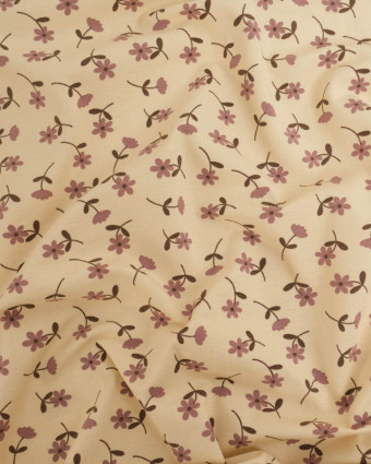 Jersey de Coton Beige Petites Fleurs Mauve - Mercerine