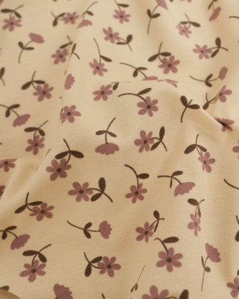 Jersey de Coton Beige Petites Fleurs Mauve - Mercerine