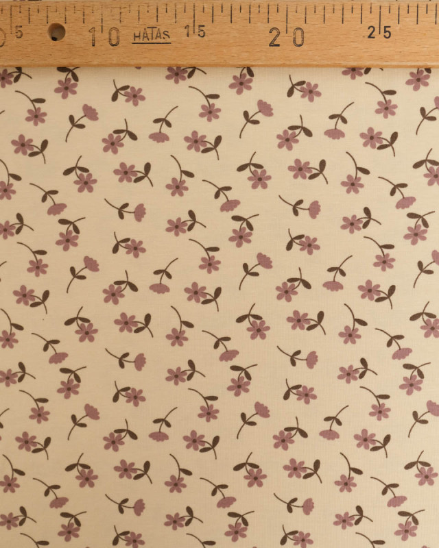 Jersey de Coton Beige Petites Fleurs Mauve - Mercerine