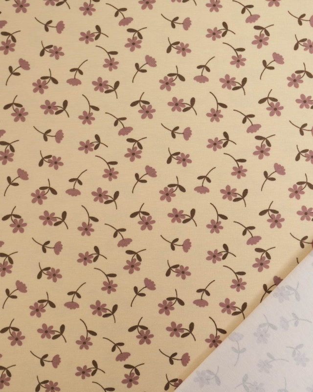 Jersey de Coton Beige Petites Fleurs Mauve - Mercerine