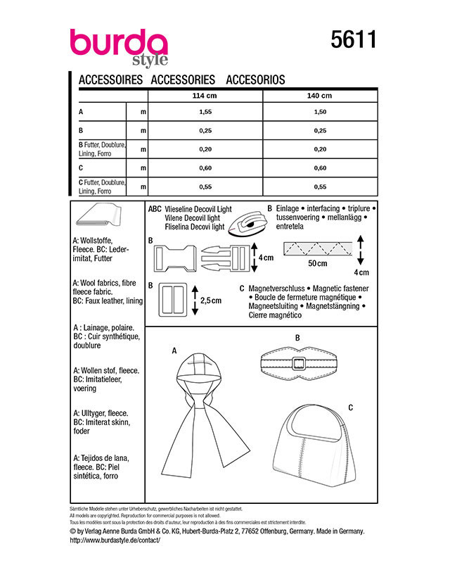 Patron Écharpe & Ceinture & Sac Burda 5611 - Mercerine