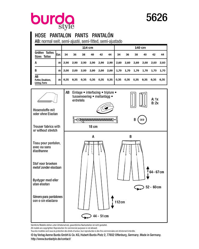 Patron Pantalon & Shorts Burda 5626 - Mercerine