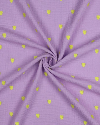 Tissu Double Gaze Brodé Lilas Cœur Jaune Fluo - Mercerine