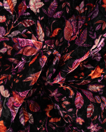 Velours Matelassé Noir Motif Fleuri Mauve - Mercerine