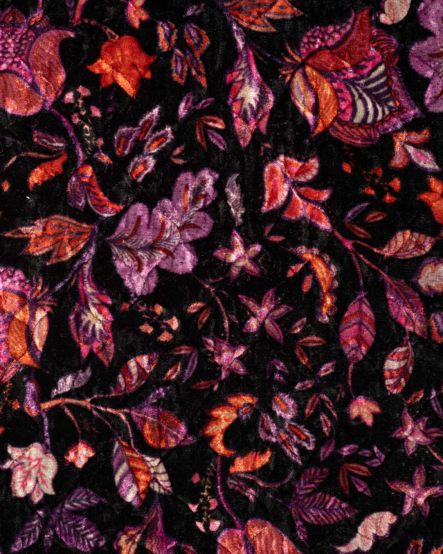 Velours Matelassé Noir Motif Fleuri Mauve - Mercerine