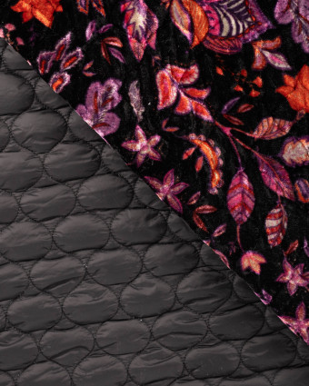 Velours Matelassé Noir Motif Fleuri Mauve - Mercerine