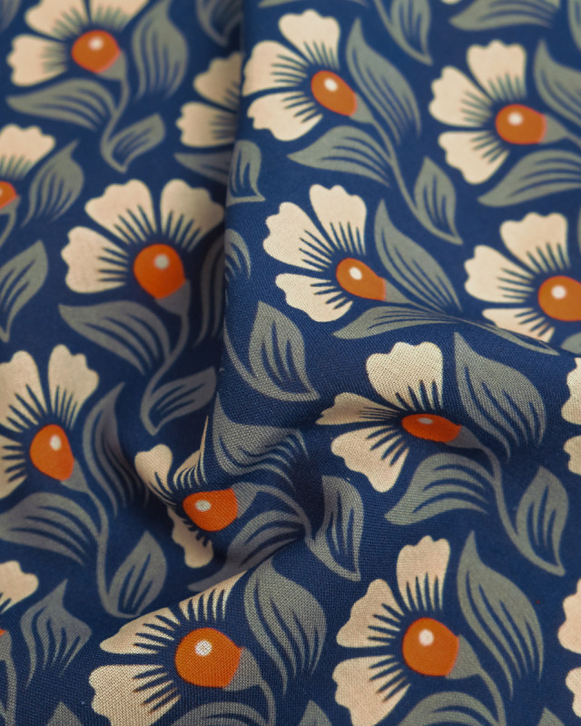 Popeline de Viscose Imprimée Alice Orange Indigo - Mercerine