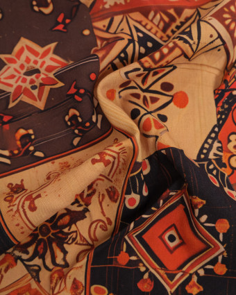 Popeline de Viscose Imprimée Ethnic Ocre Cacao - Mercerine