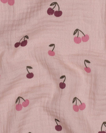 Tissu Double Gaze Vieux Rose Petites Cerises - Mercerine