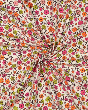 Tissu Jersey Ecru Motif Fleuri Rose et Orange Fluo - Mercerine