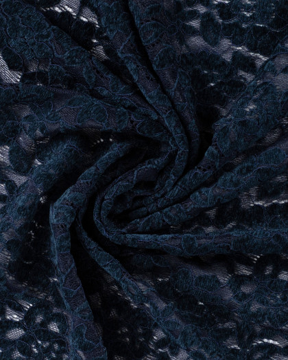 Tissu Dentelle Velours Motif Fleurs Bleu Marine - Mercerine