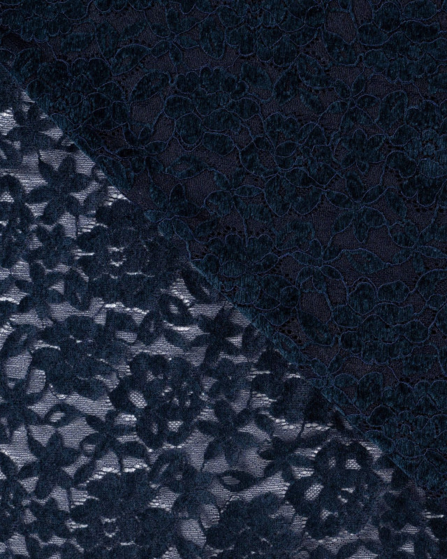 Tissu Dentelle Velours Motif Fleurs Bleu Marine - Mercerine
