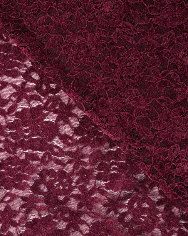 Tissu Dentelle Velours Motif Fleurs Prune - Mercerine
