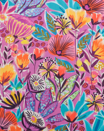 Tissu Coton Digital Mauve Motif Fleuri Multicolore - Mercerine