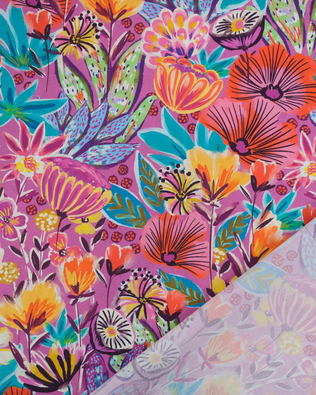 Tissu Coton Digital Mauve Motif Fleuri Multicolore - Mercerine