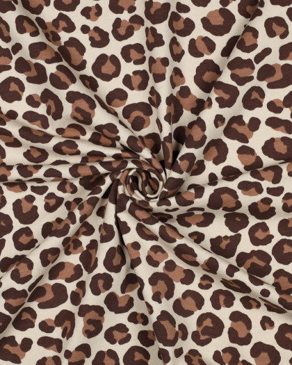 Tissu Sweat Envers Gratté Motif Léopard Chocolat Fond Beige Naturel - Mercerine