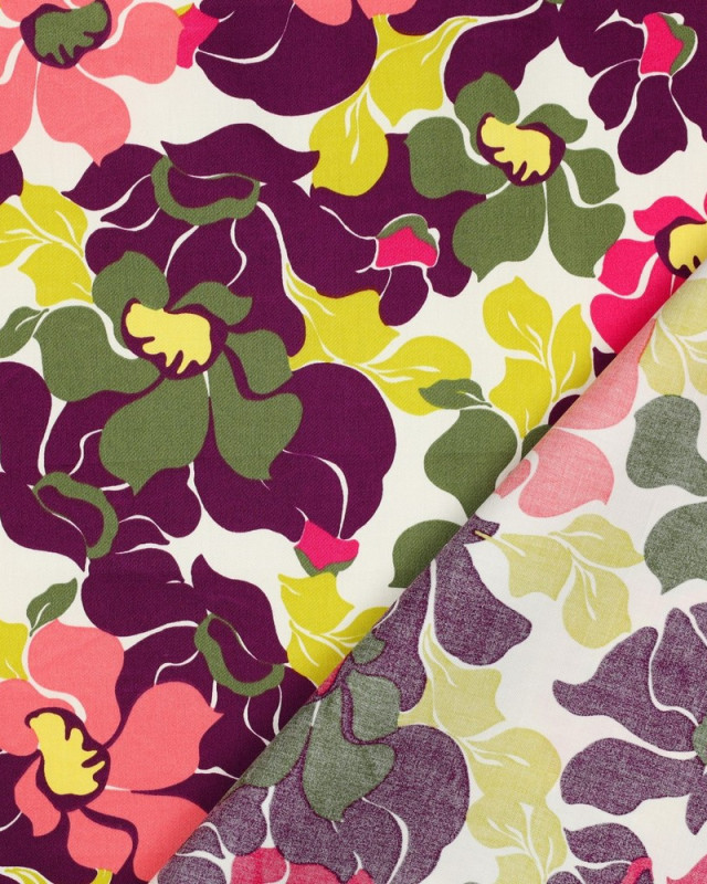 Satin de Coton Motif Fleuri Rose et Violet - Mercerine
