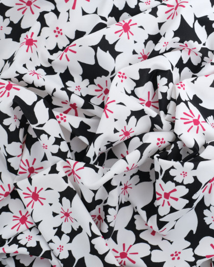 Tissu Lycra Jolie Fleur Blanche et Rose Fond Noir - Mercerine