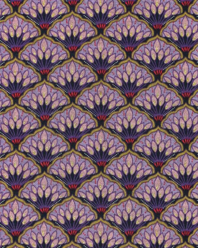 Jersey De Viscose Imprimé Mauve Motif Eventail Touche Lurex Doré