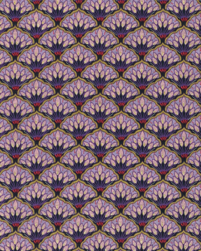 Jersey De Viscose Imprimé Mauve Motif Eventail Touche Lurex Doré
