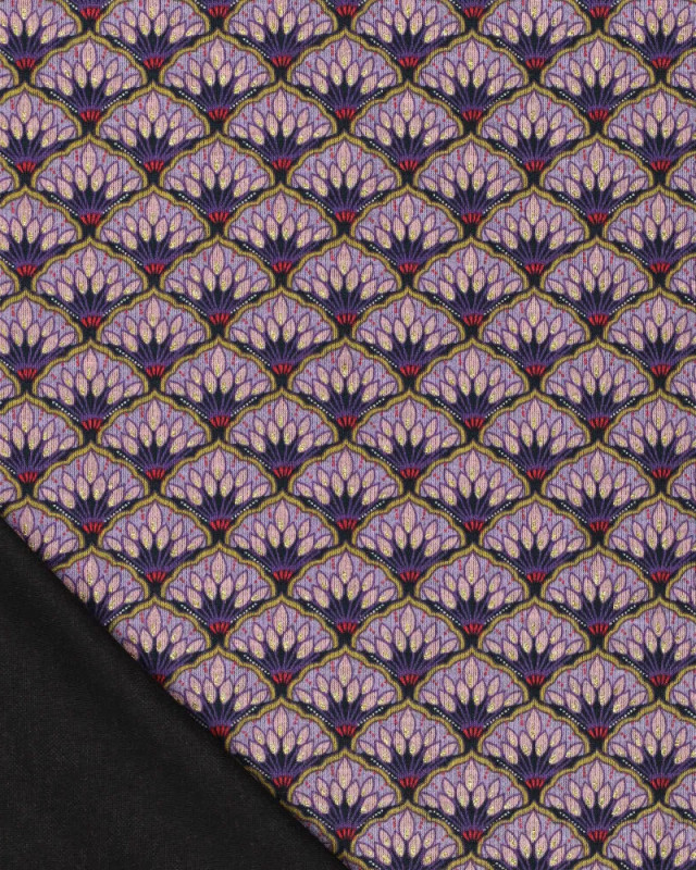 Jersey De Viscose Imprimé Mauve Motif Eventail Touche Lurex Doré