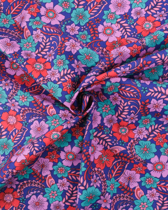 Tissu Coton Bleu Roi Motif Fleuri Parme et Bleu - Mercerine