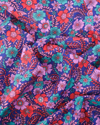 Tissu Coton Bleu Roi Motif Fleuri Parme et Bleu - Mercerine