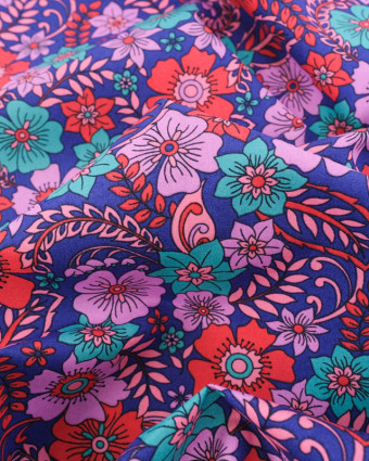 Tissu Coton Bleu Roi Motif Fleuri Parme et Bleu - Mercerine