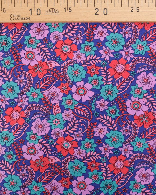 Tissu Coton Bleu Roi Motif Fleuri Parme et Bleu - Mercerine