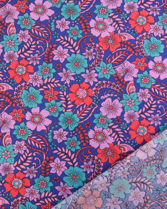 Tissu Coton Bleu Roi Motif Fleuri Parme et Bleu - Mercerine