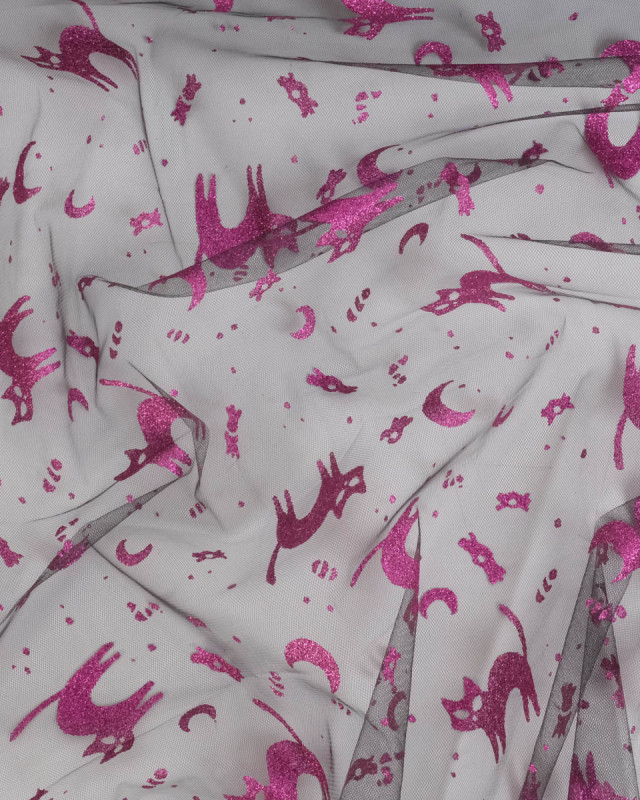 Tissu Halloween Tulle Pailleté Chat Rose - Mercerine