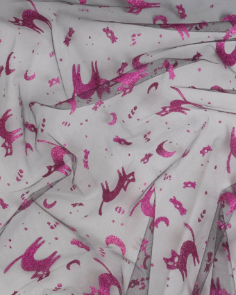 Tissu Halloween Tulle Pailleté Chat Rose - Mercerine