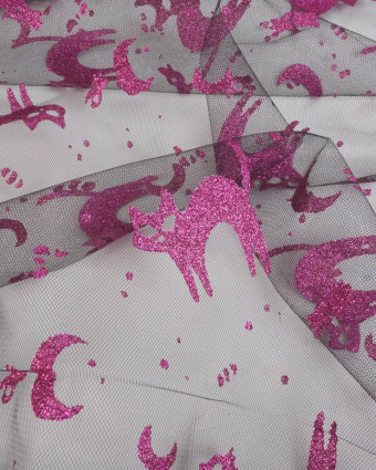 Tissu Halloween Tulle Pailleté Chat Rose - Mercerine
