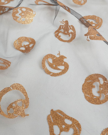 Tissu Halloween Tulle Pailleté Citrouille Marron - Mercerine