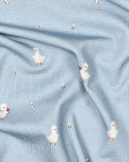 Jersey Coton Bio Motif Petite Oie Bleu  - Mercerine