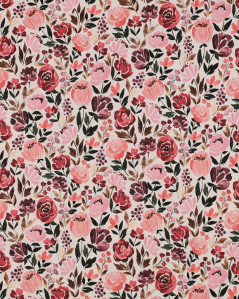 Jersey de Coton Bio Motif Fleuri Rose Fond Beige Naturel - Mercerine
