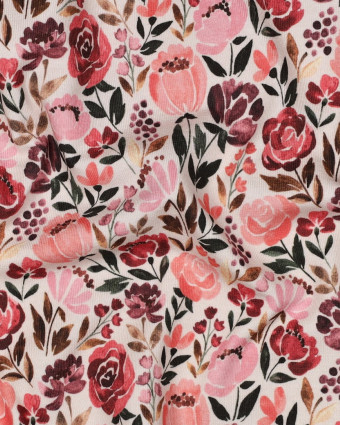 Jersey de Coton Bio Motif Fleuri Rose Fond Naturel - Mercerine
